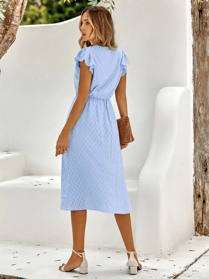 Women's Ruffled Sleeve Midi Dress with V-Neck and Elastic Waist - 4