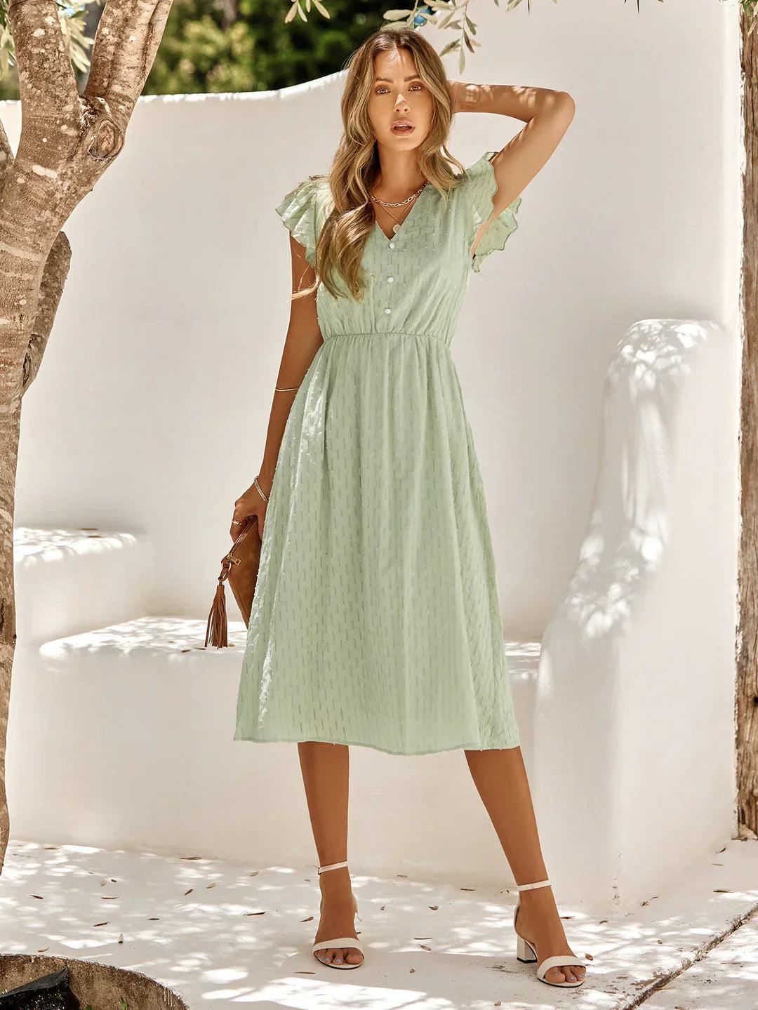 Femme Robe Midi à Manches Volantées avec Col en V et Taille Élastique