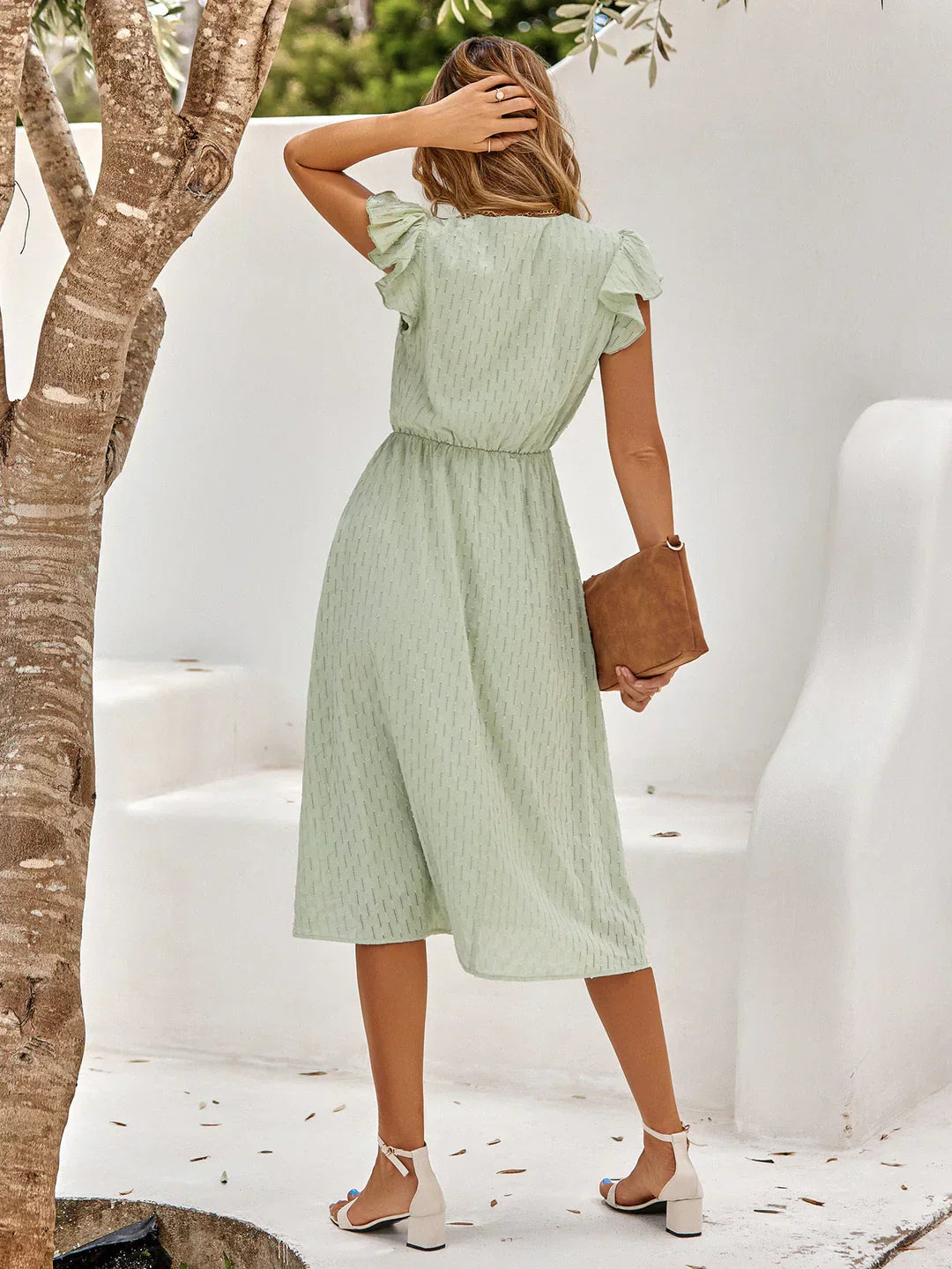 Femme Robe Midi à Manches Volantées avec Col en V et Taille Élastique