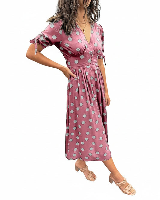 Femme Robe Midi à Pois avec Col en V et Boutons