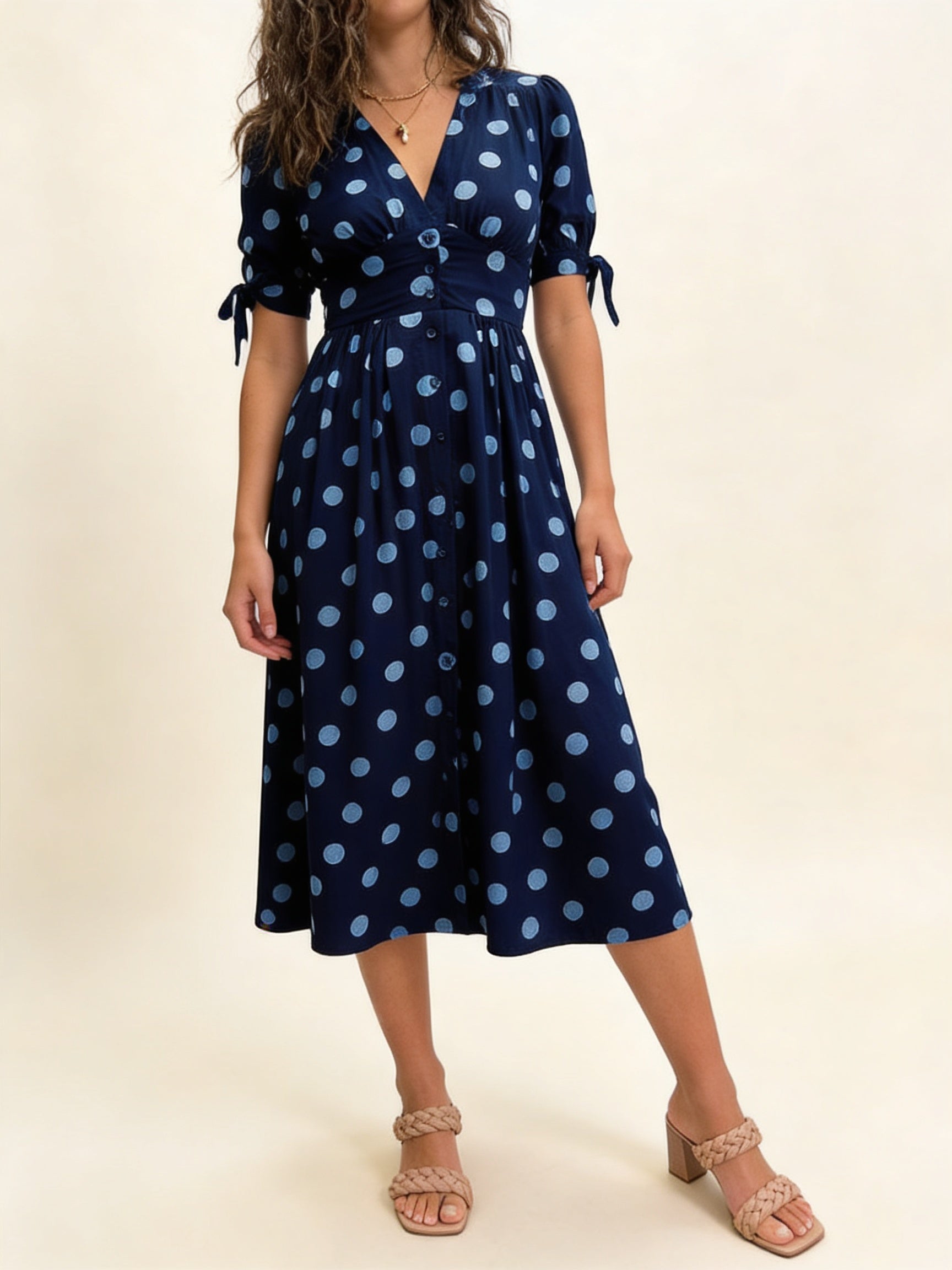 Femme Robe Midi à Pois avec Col en V et Boutons 12
