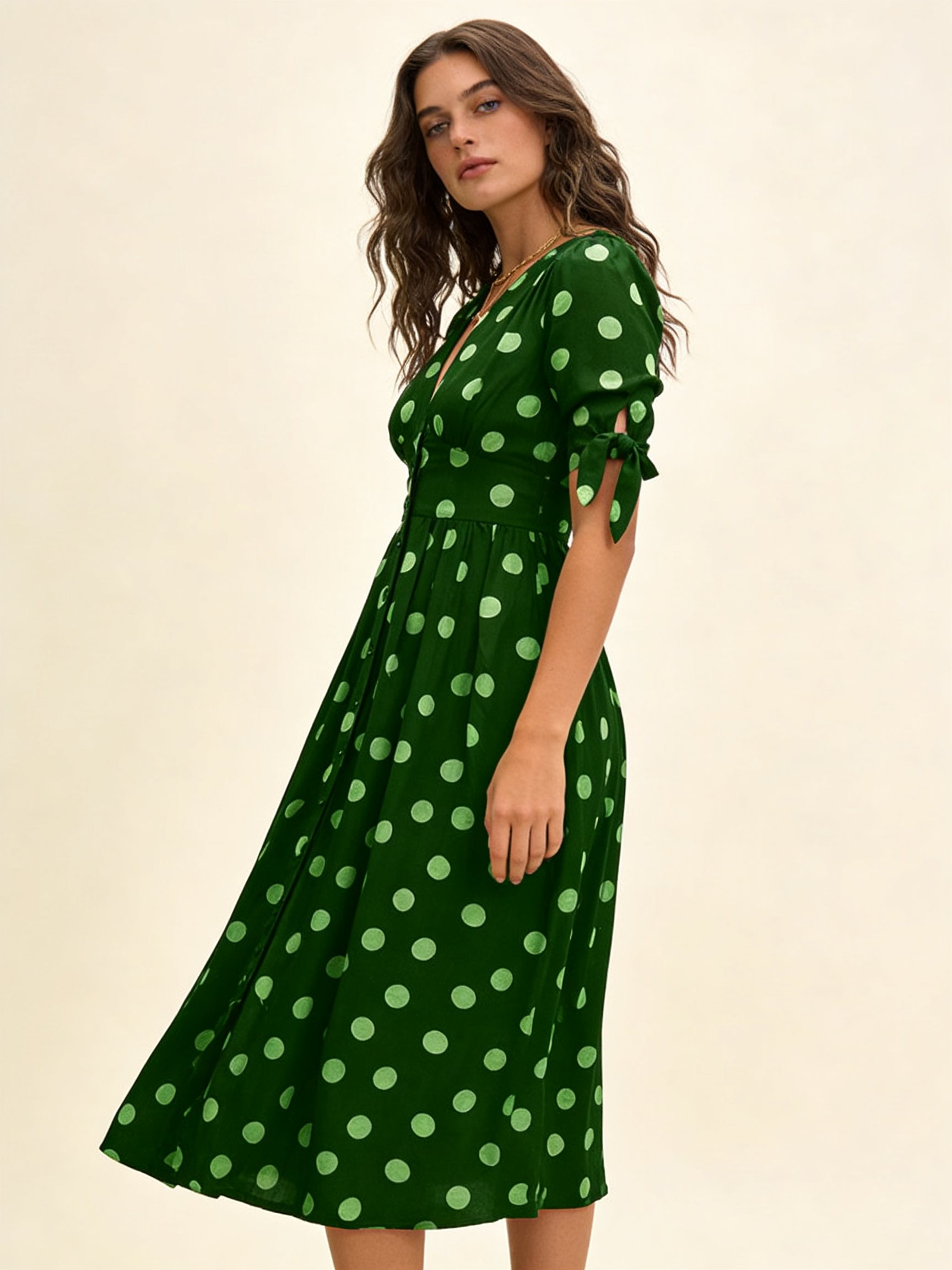 Femme Robe Midi à Pois avec Col en V et Boutons 15