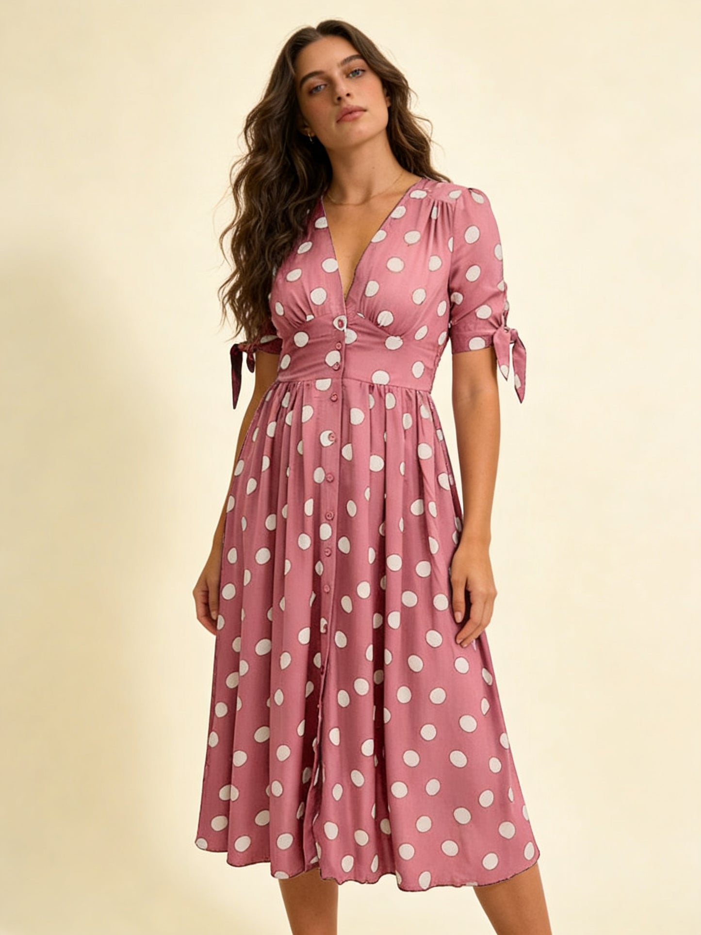 Femme Robe Midi à Pois avec Col en V et Boutons 16