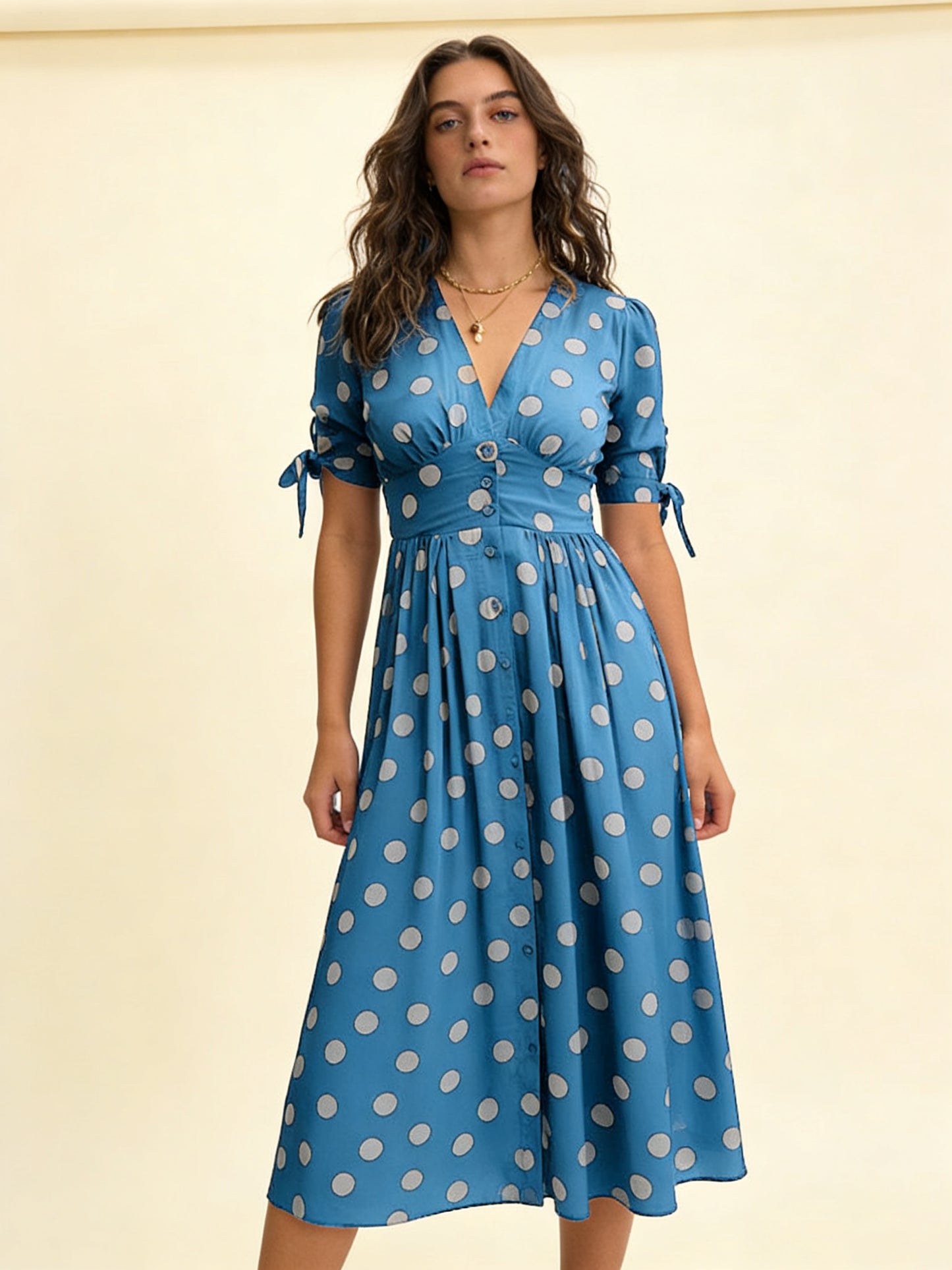 Femme Robe Midi à Pois avec Col en V et Boutons 3