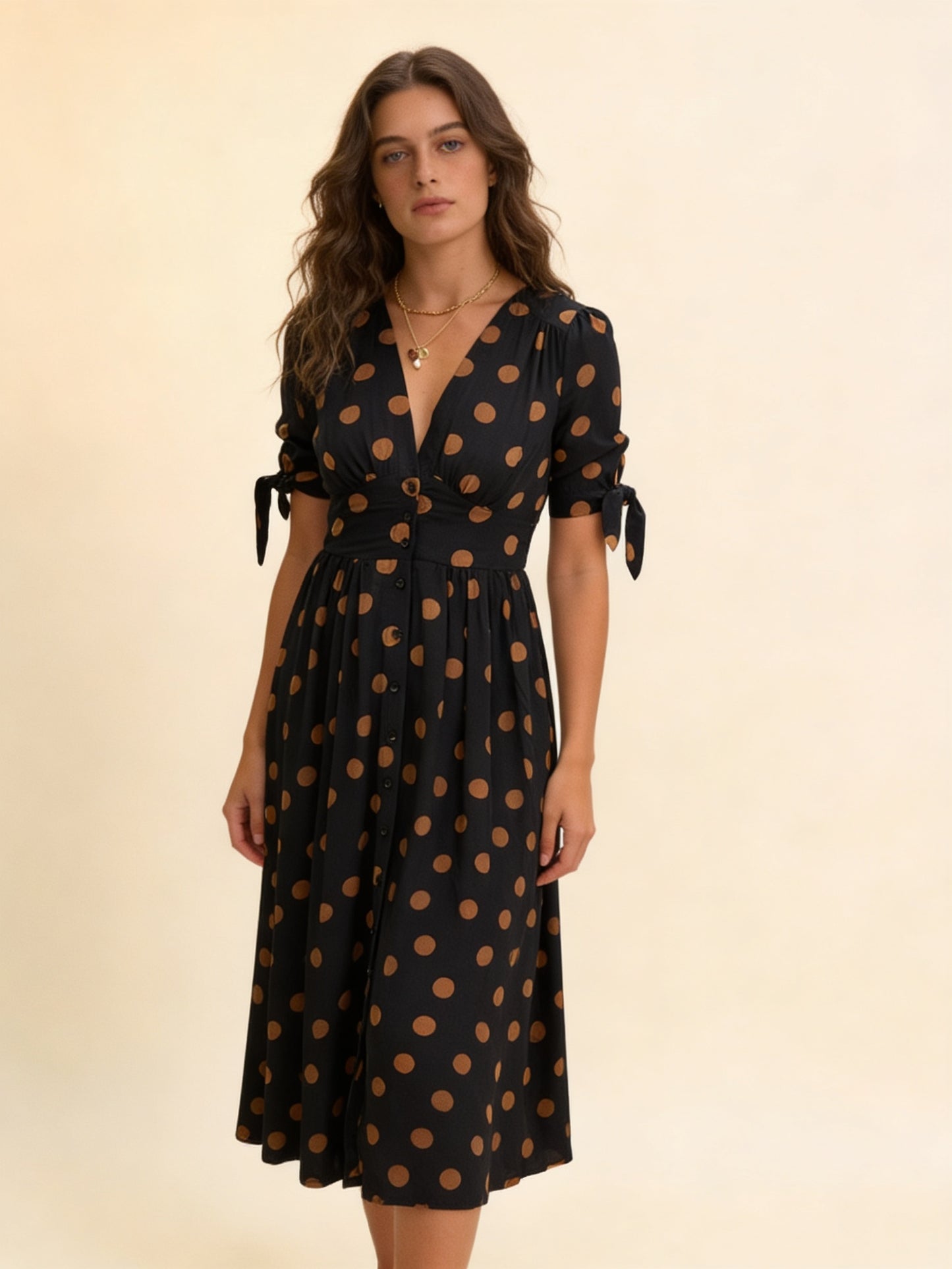 Femme Robe Midi à Pois avec Col en V et Boutons 4