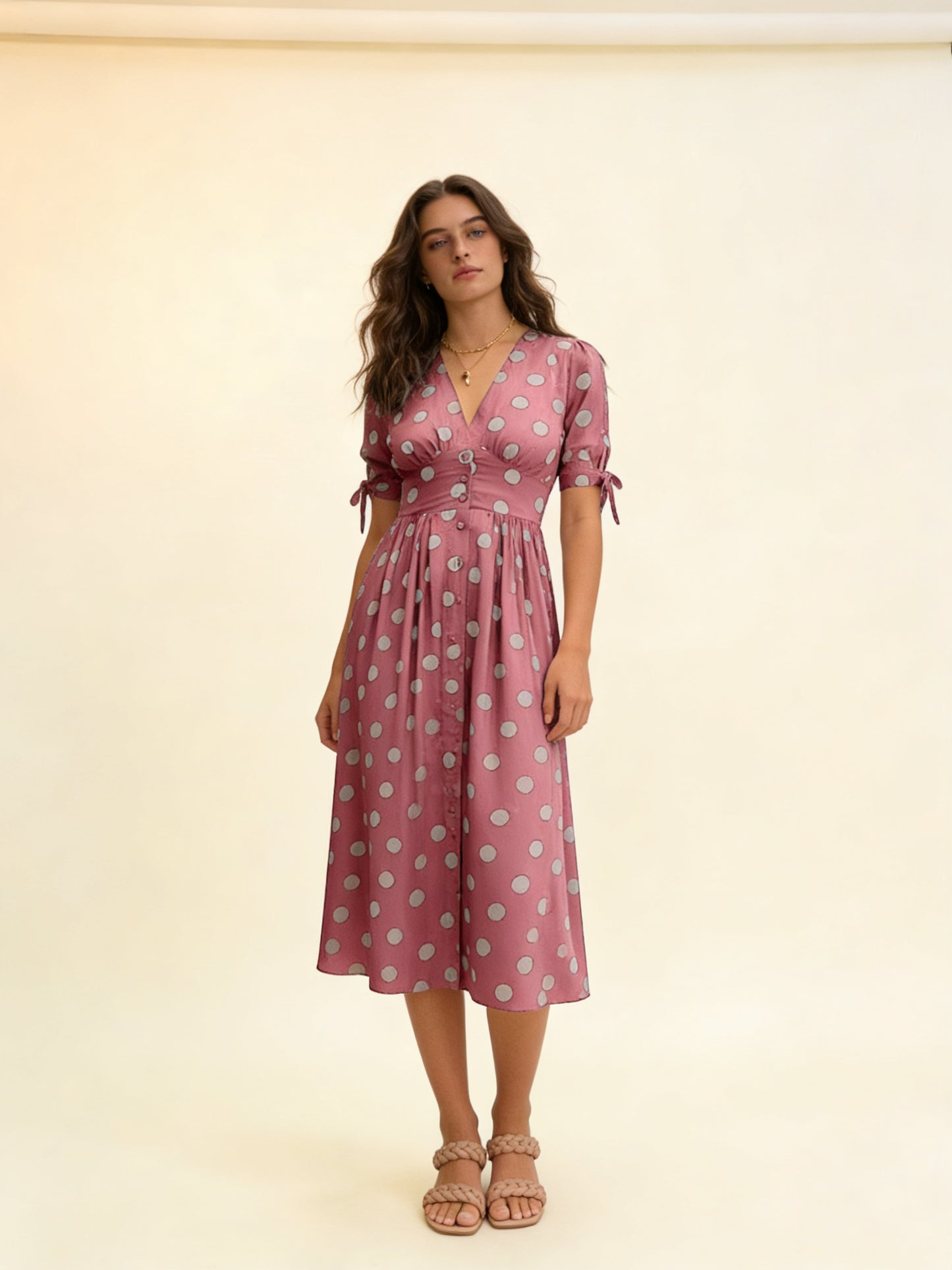 Femme Robe Midi à Pois avec Col en V et Boutons 7