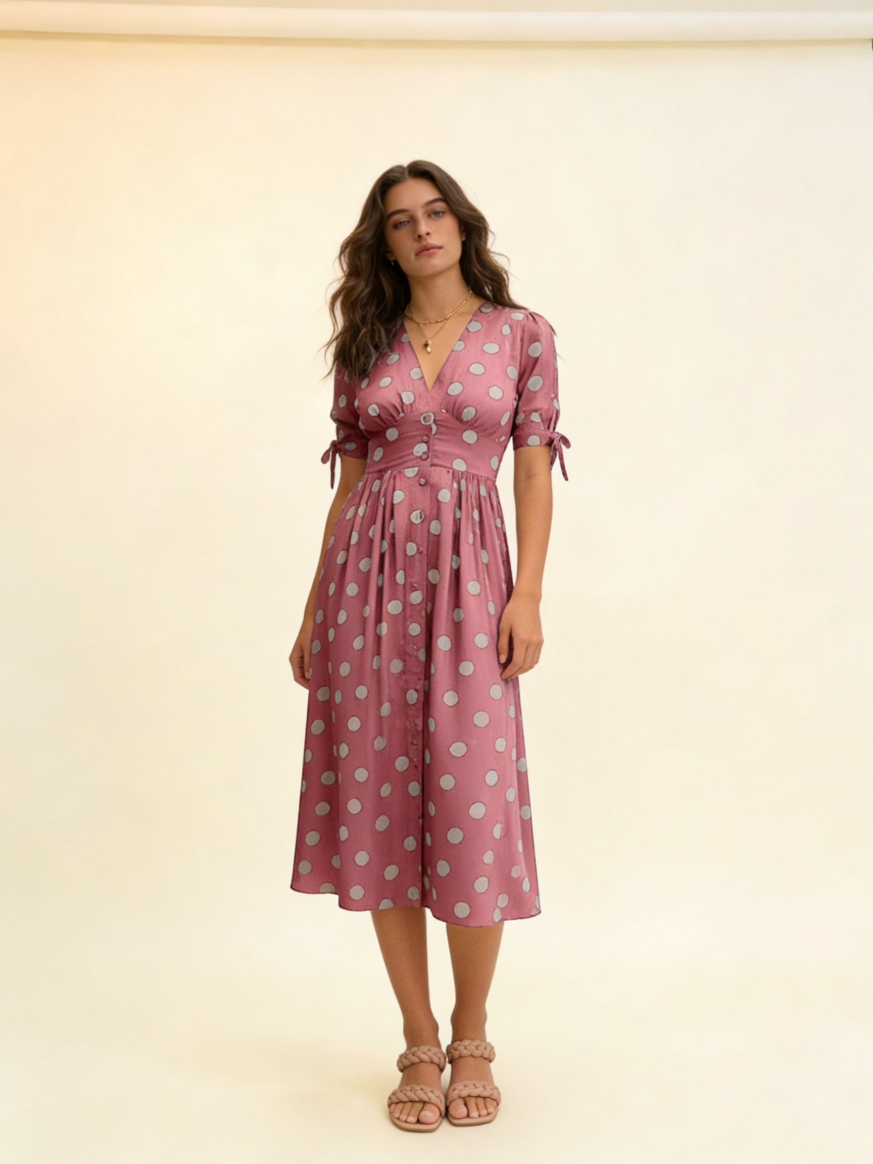 Femme Robe Midi à Pois avec Col en V et Boutons 7