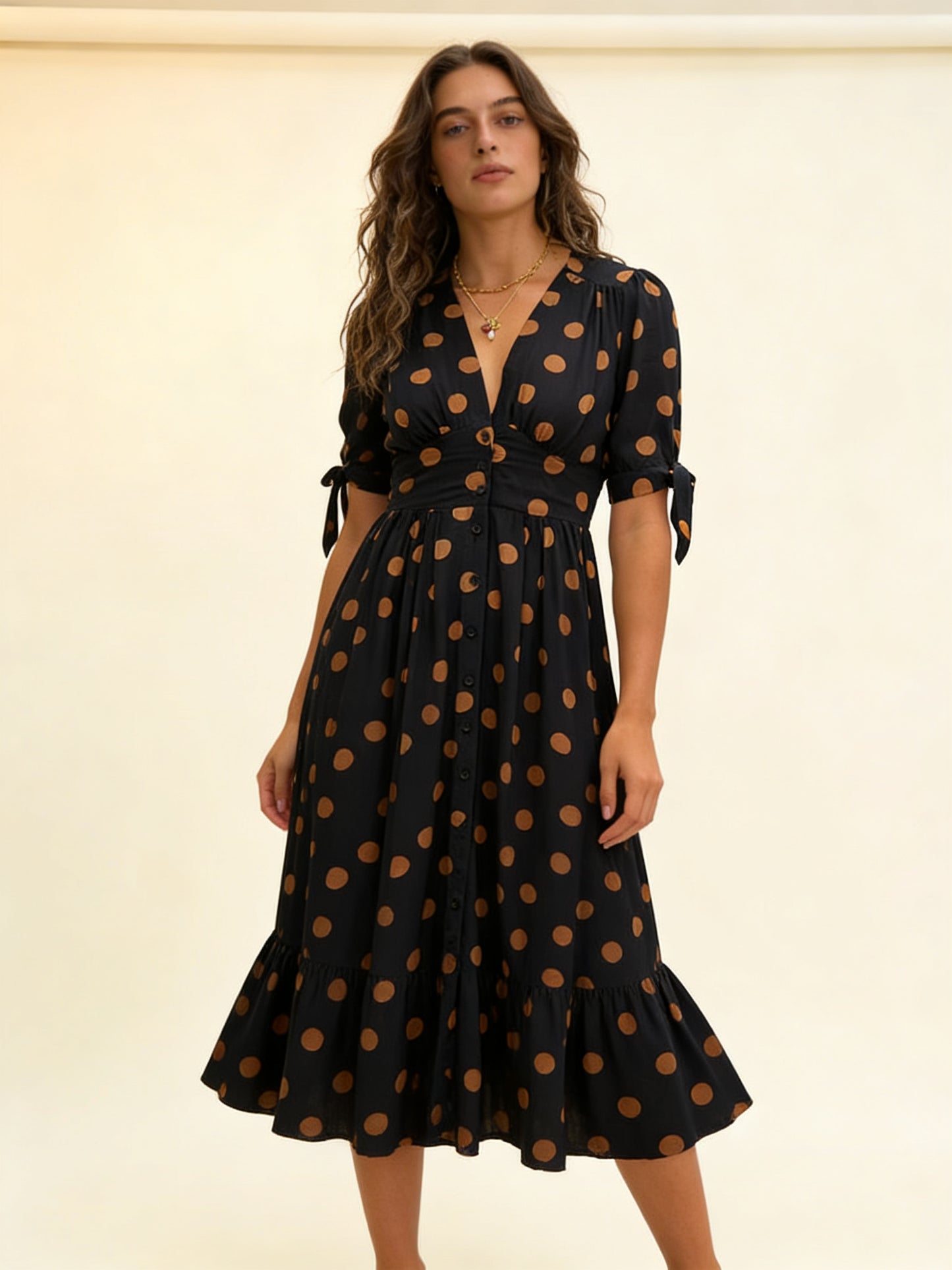 Femme Robe Midi à Pois avec Col en V et Boutons 9