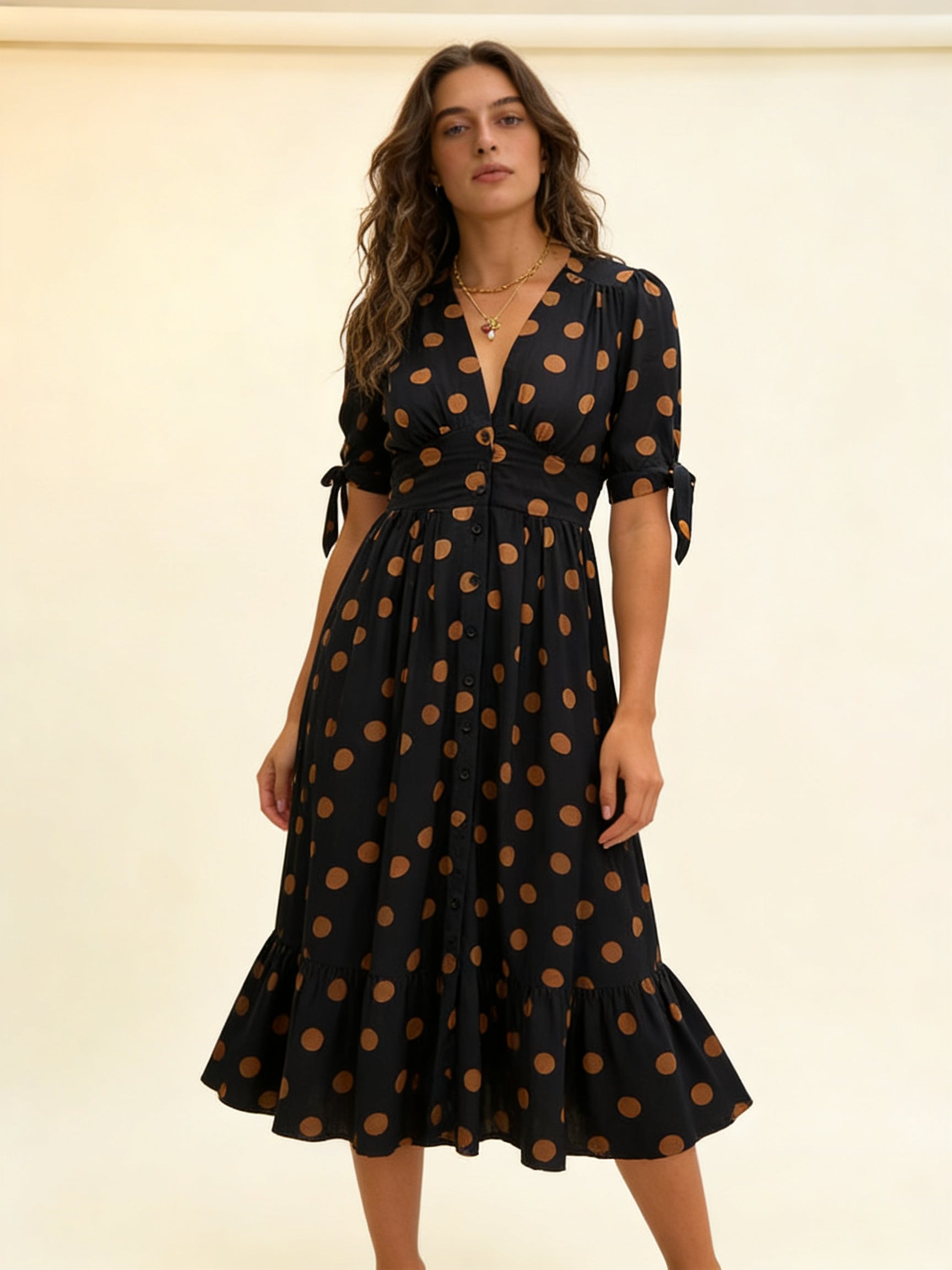 Femme Robe Midi à Pois avec Col en V et Boutons 9