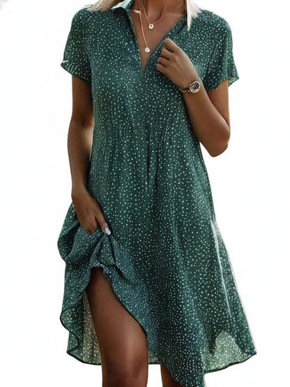 Femme Robe Midi à Pois Manches Courtes avec Col en V et Boutons