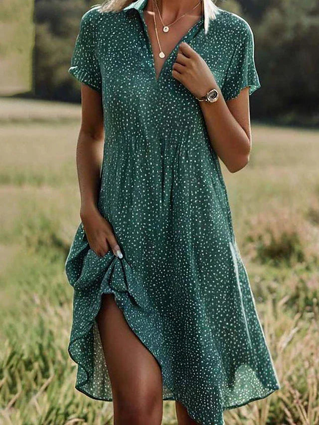 Femme Robe Midi à Pois Manches Courtes avec Col en V et Boutons