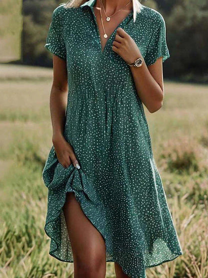 Femme Robe Midi à Pois Manches Courtes avec Col en V et Boutons
