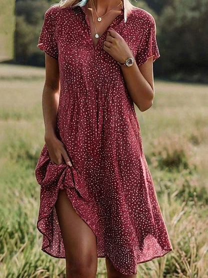 Femme Robe Midi à Pois Manches Courtes avec Col en V et Boutons