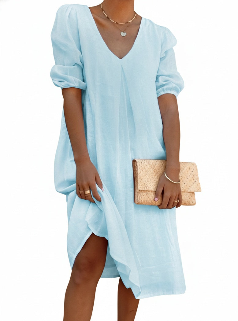 Femme Robe Midi Ample à Col en V et Manches Bouffantes