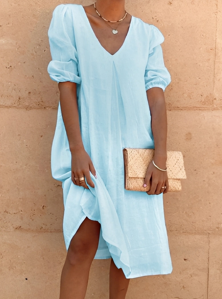 Women's Loose Midi Dress with V-Neck and Puff Sleeves - 2