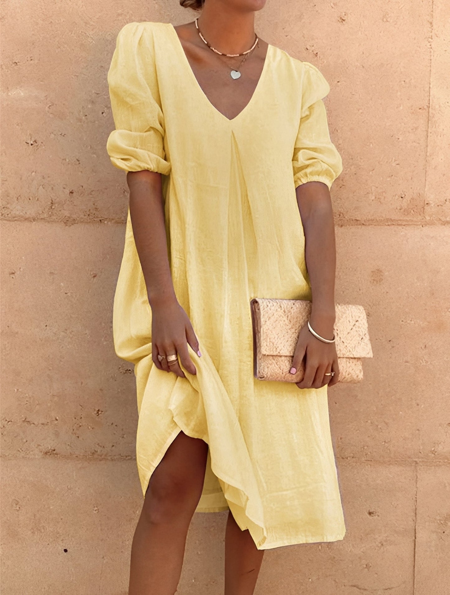 Femme Robe Midi Ample à Col en V et Manches Bouffantes