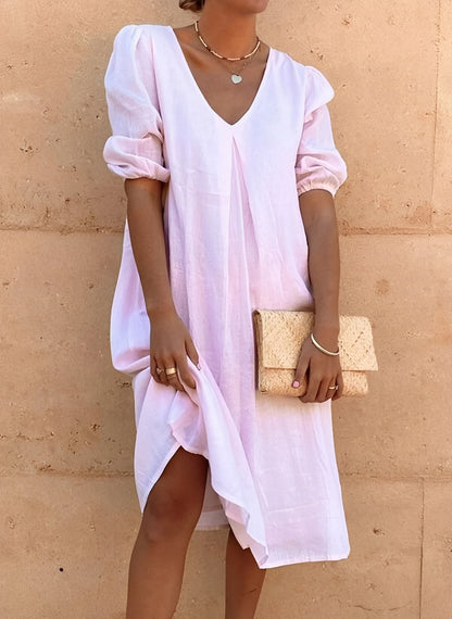 Women's Loose Midi Dress with V-Neck and Puff Sleeves - 4