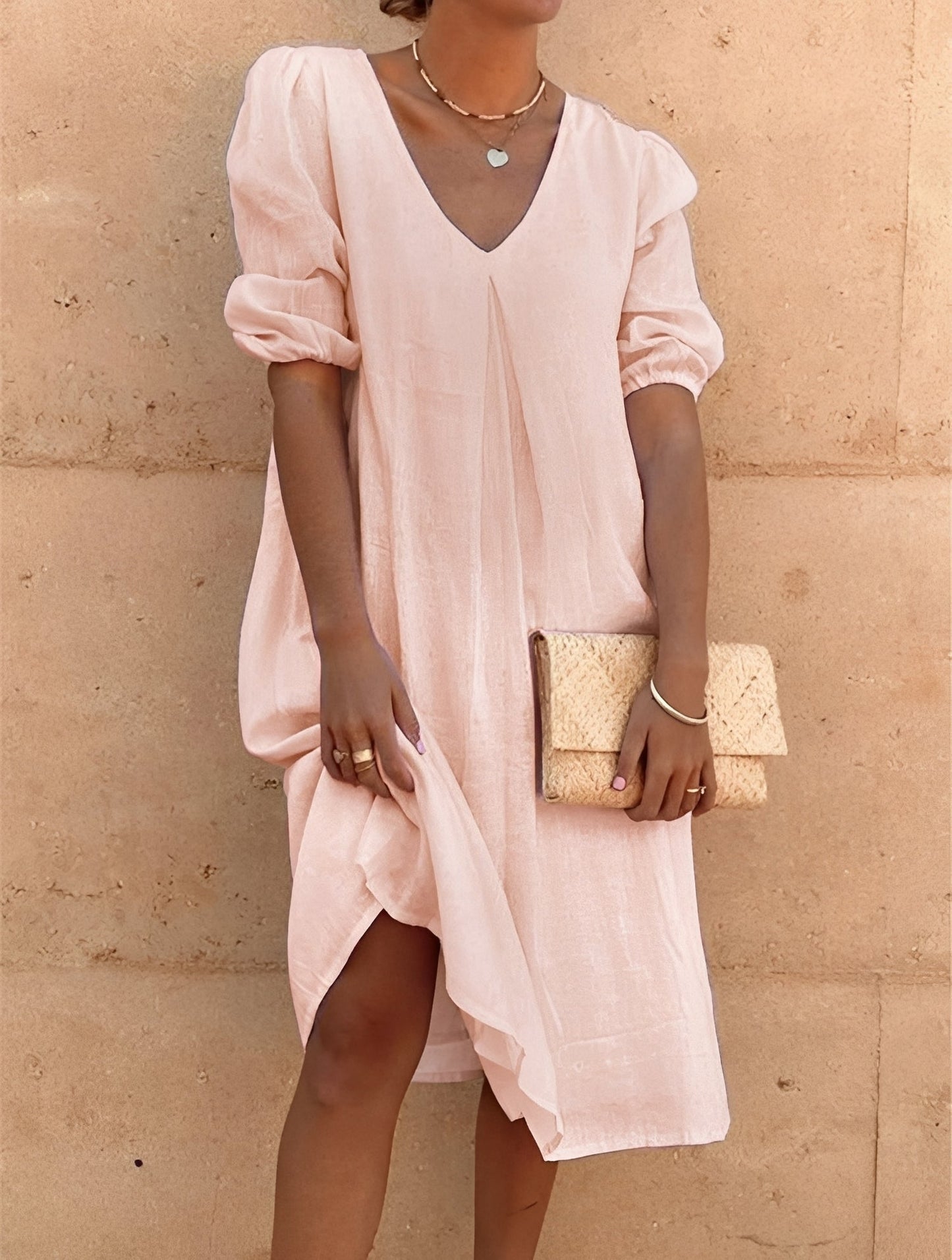 Femme Robe Midi Ample à Col en V et Manches Bouffantes