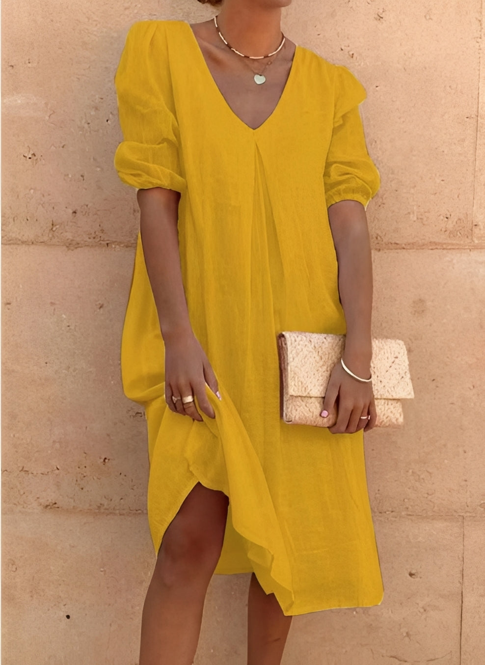 Women's Loose Midi Dress with V-Neck and Puff Sleeves - 7