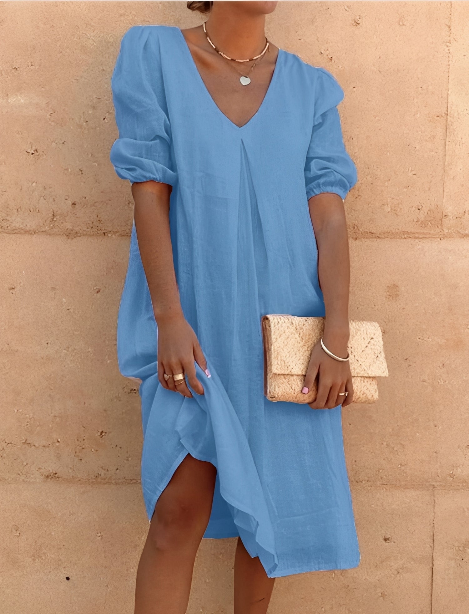 Women's Loose Midi Dress with V-Neck and Puff Sleeves - 8