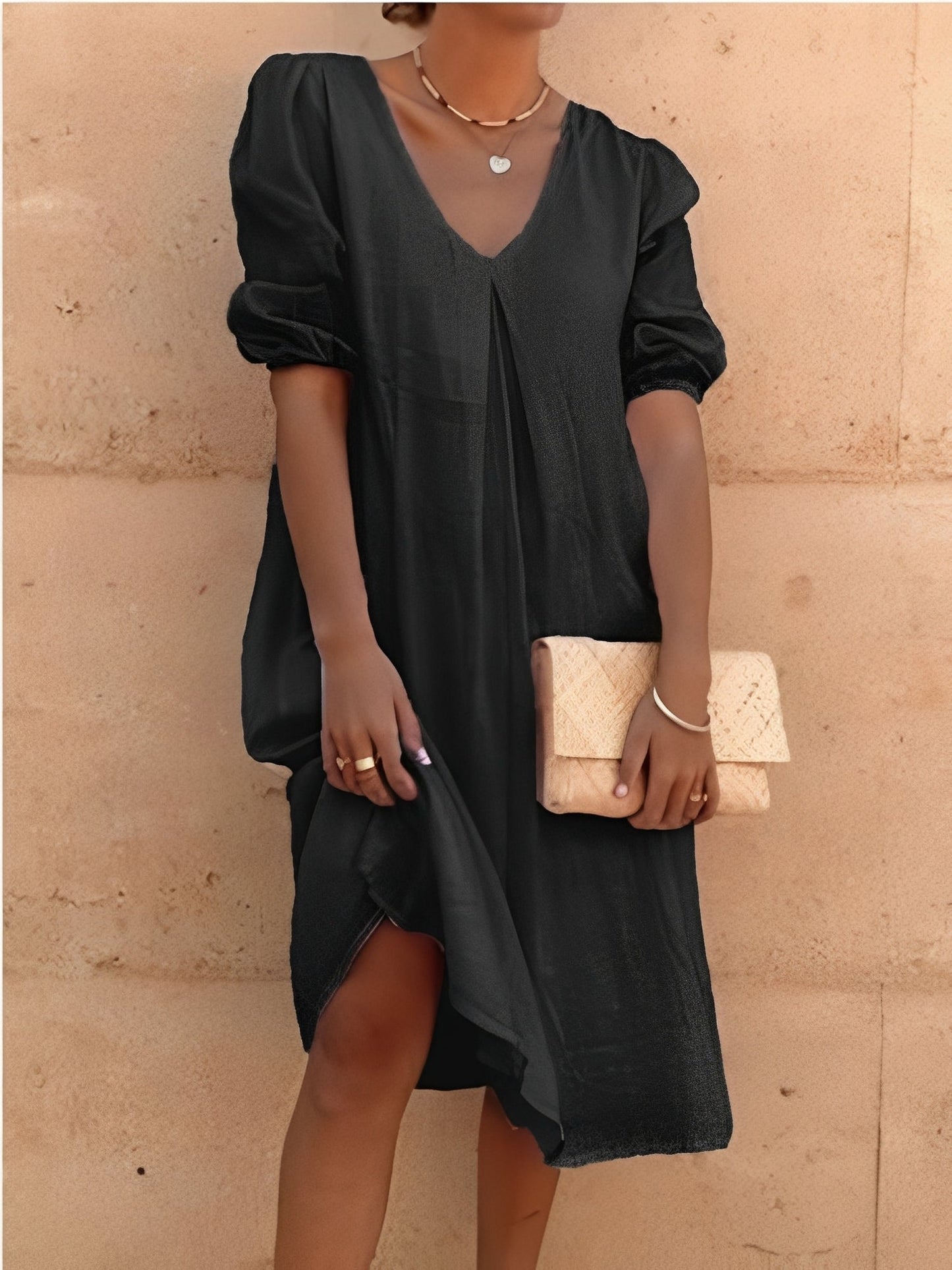 Femme Robe Midi Ample à Col en V et Manches Bouffantes