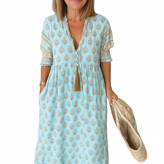 Femme Robe Midi Boho à Manches Trois-Quarts avec Col en V et Poches