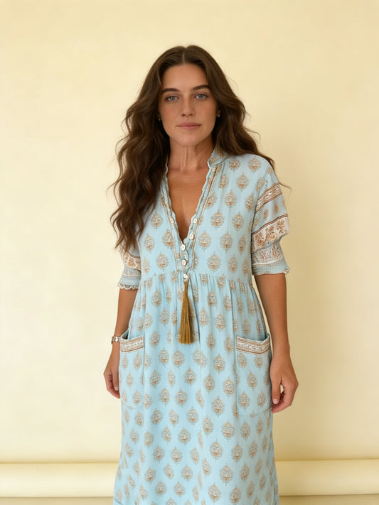 Femme Robe Midi Boho à Manches Trois-Quarts avec Col en V et Poches 1