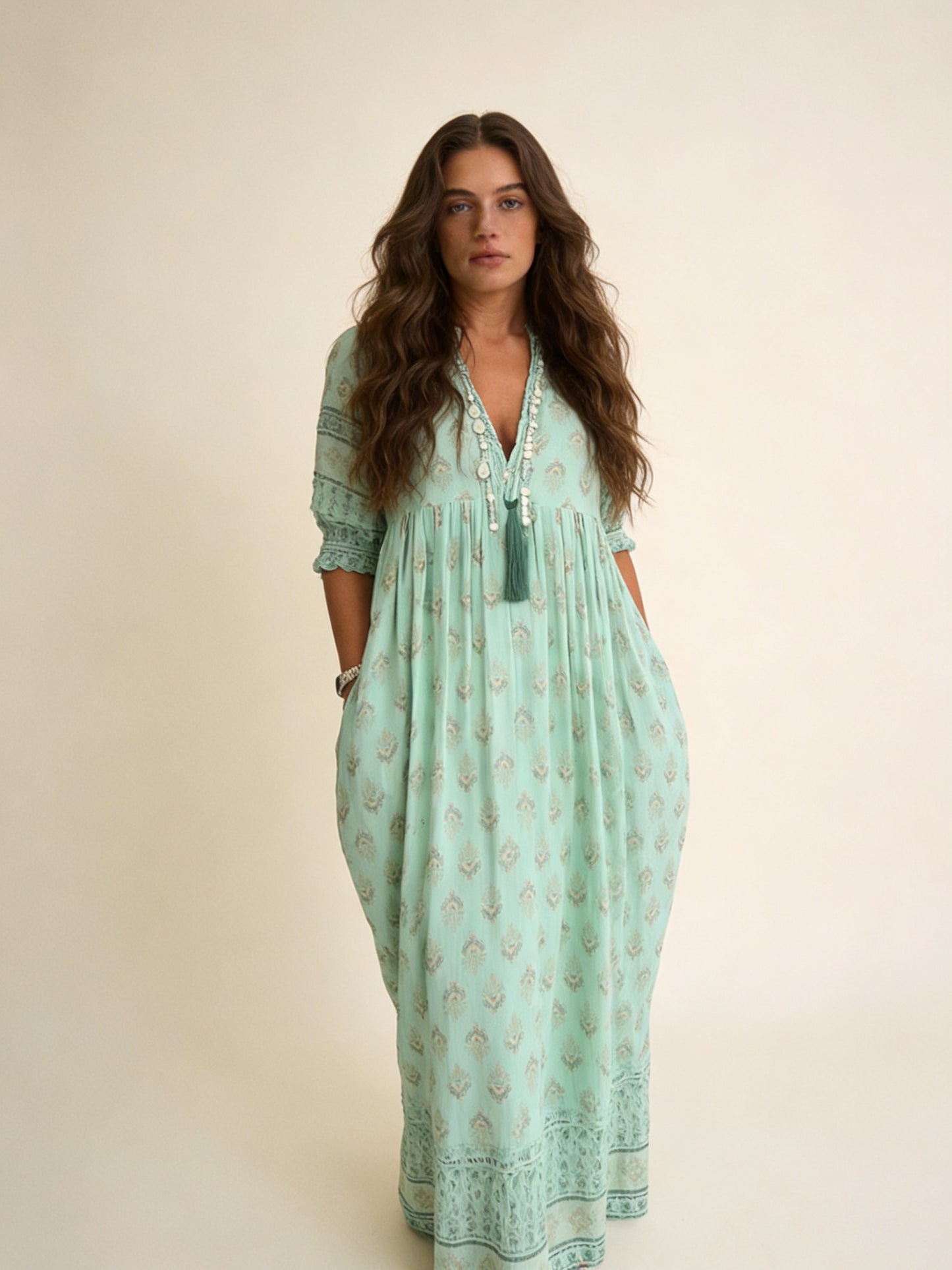 Femme Robe Midi Boho à Manches Trois-Quarts avec Col en V et Poches 2