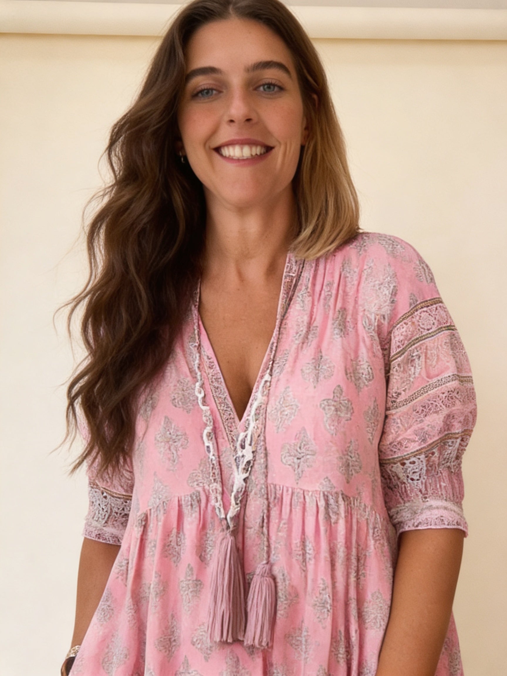 Femme Robe Midi Boho à Manches Trois-Quarts avec Col en V et Poches 4