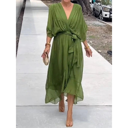 Women's Wrap Midi Dress with V-Neck and Tie Belt - 11