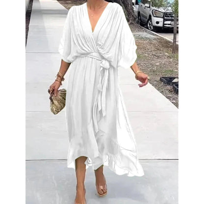 Women's Wrap Midi Dress with V-Neck and Tie Belt - 2