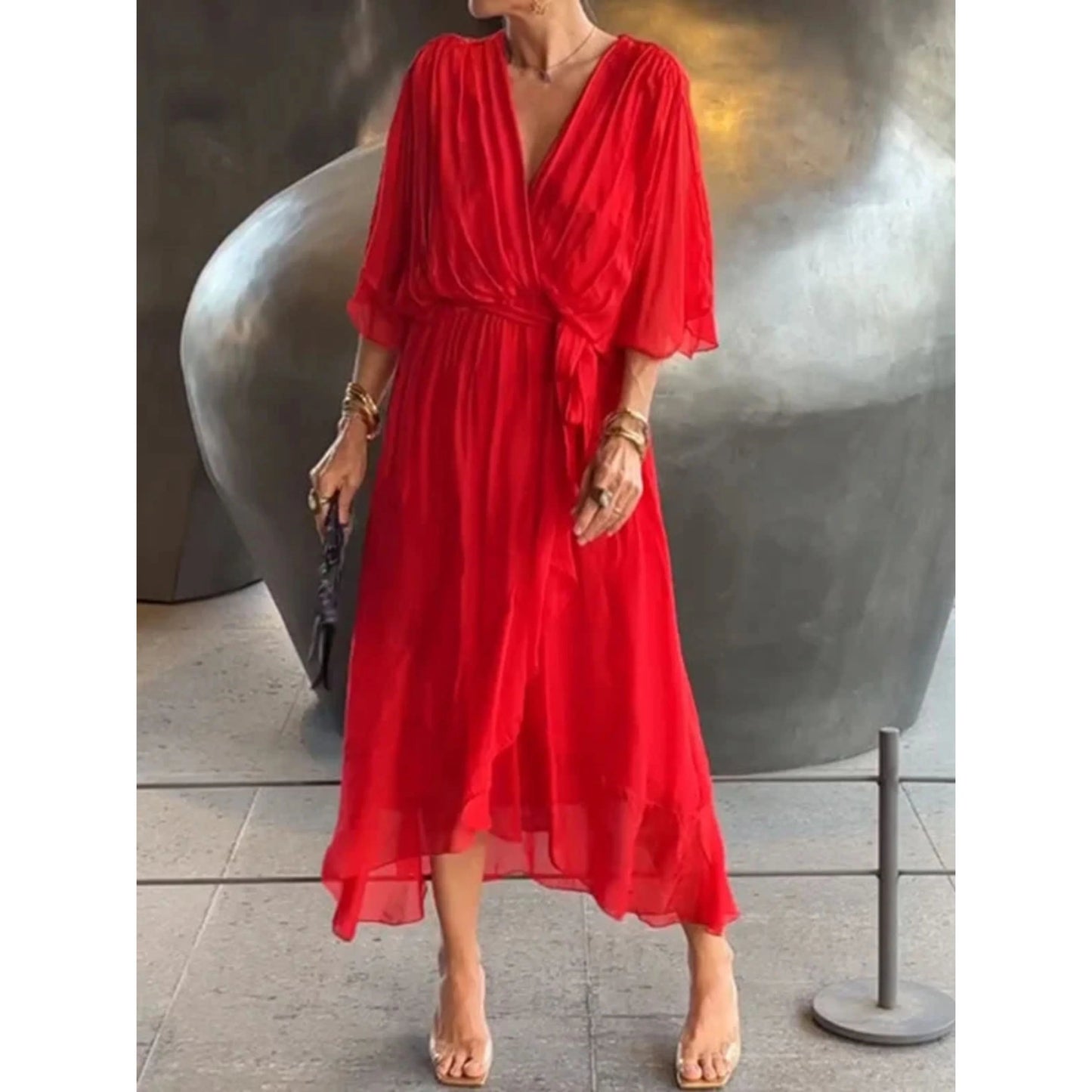 Femme Robe Midi Cache-Cœur avec Col en V et Ceinture à Nouer