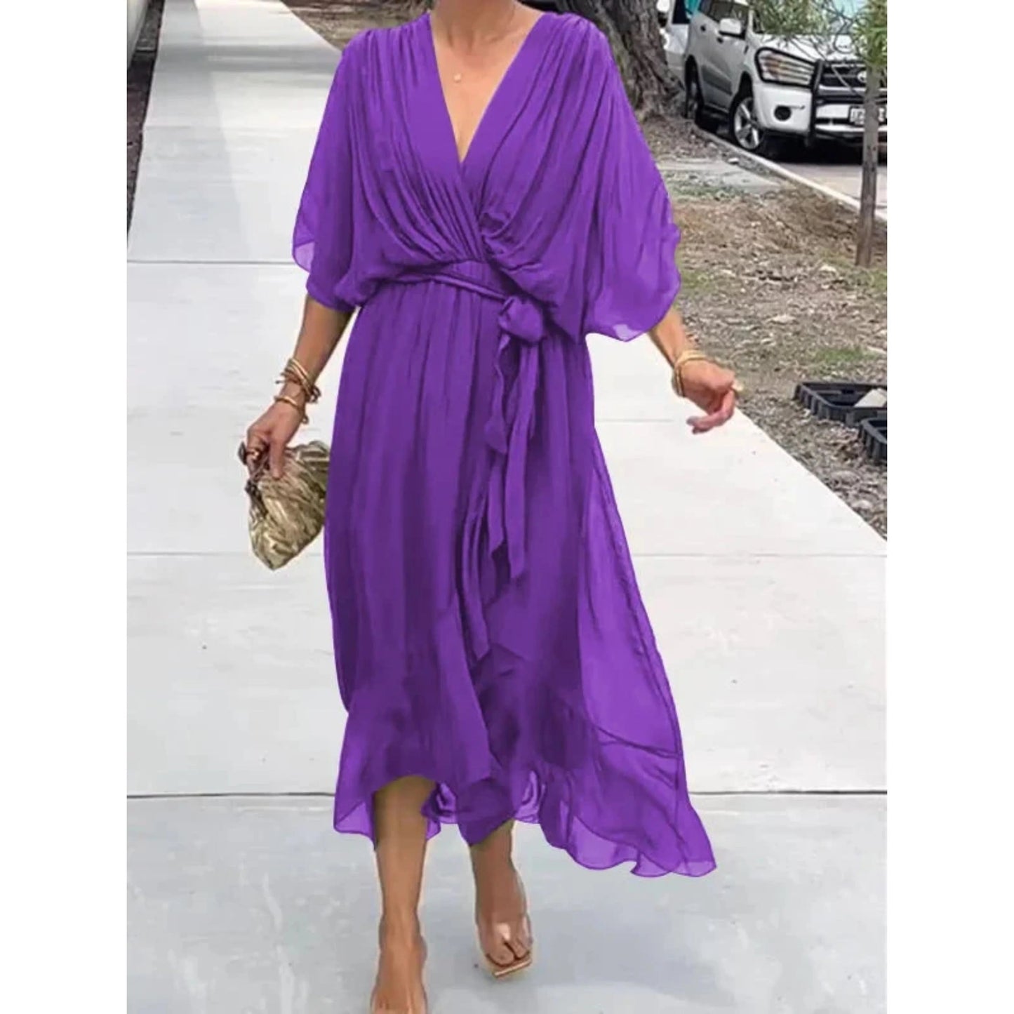 Femme Robe Midi Cache-Cœur avec Col en V et Ceinture à Nouer