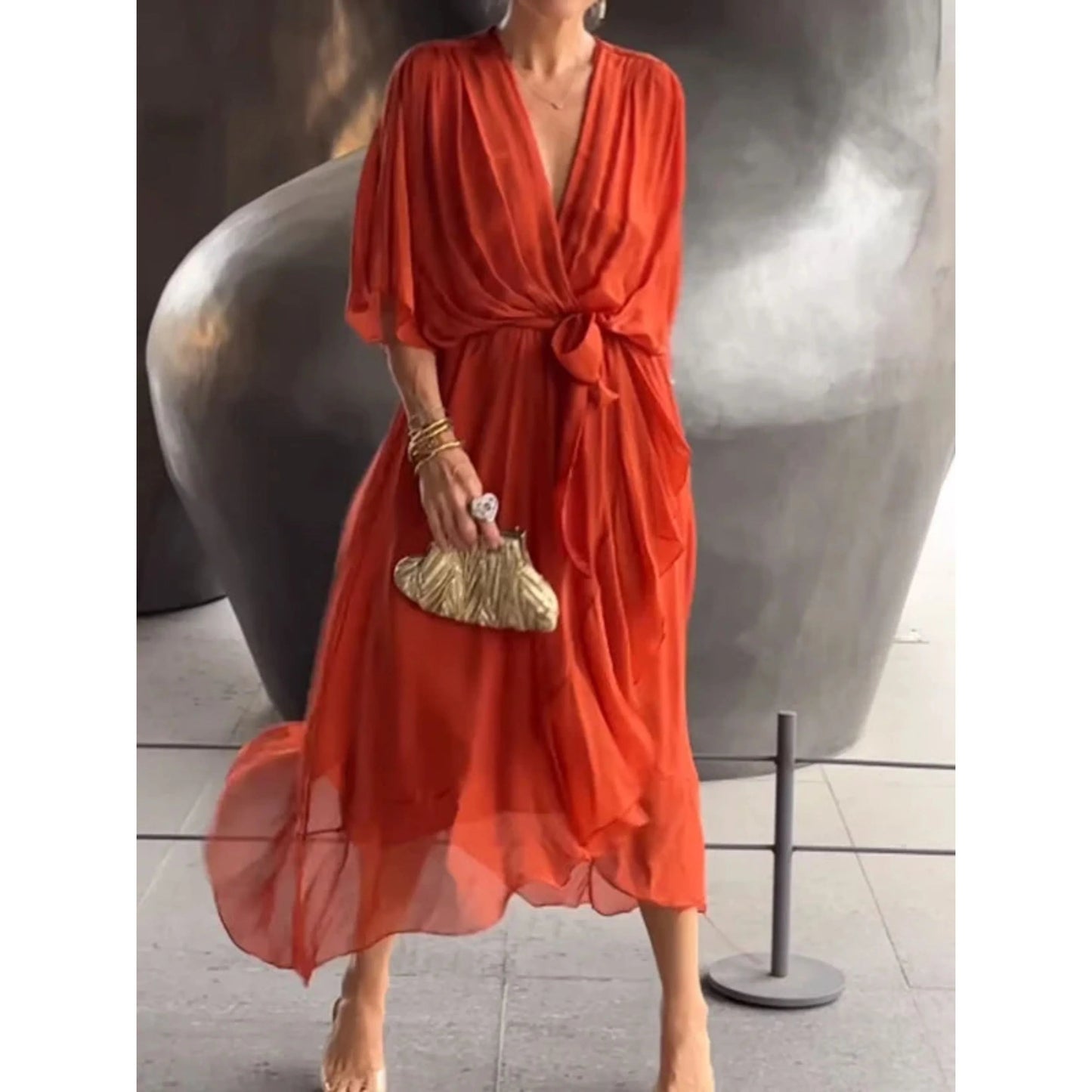Femme Robe Midi Cache-Cœur avec Col en V et Ceinture à Nouer