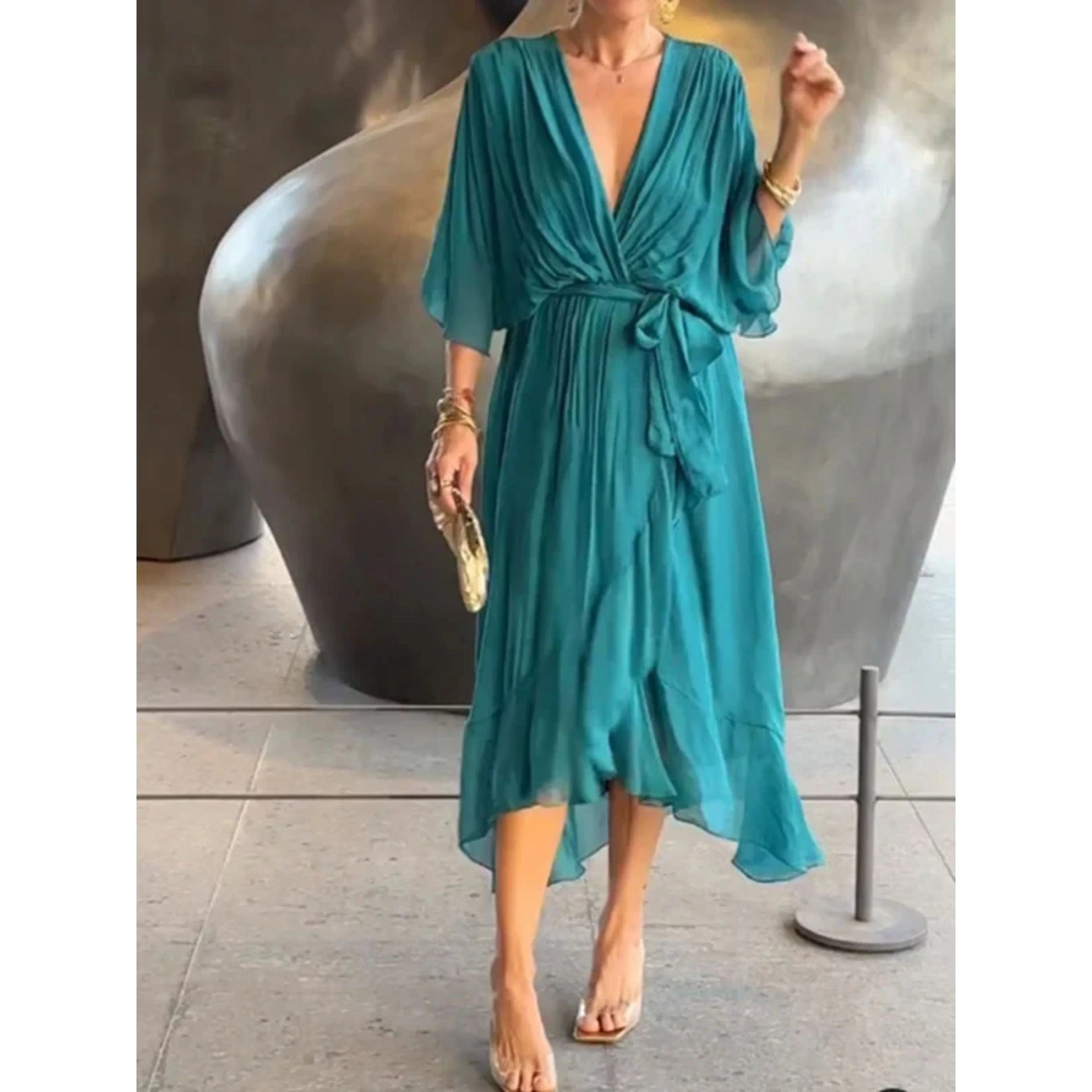 Women's Wrap Midi Dress with V-Neck and Tie Belt - 6
