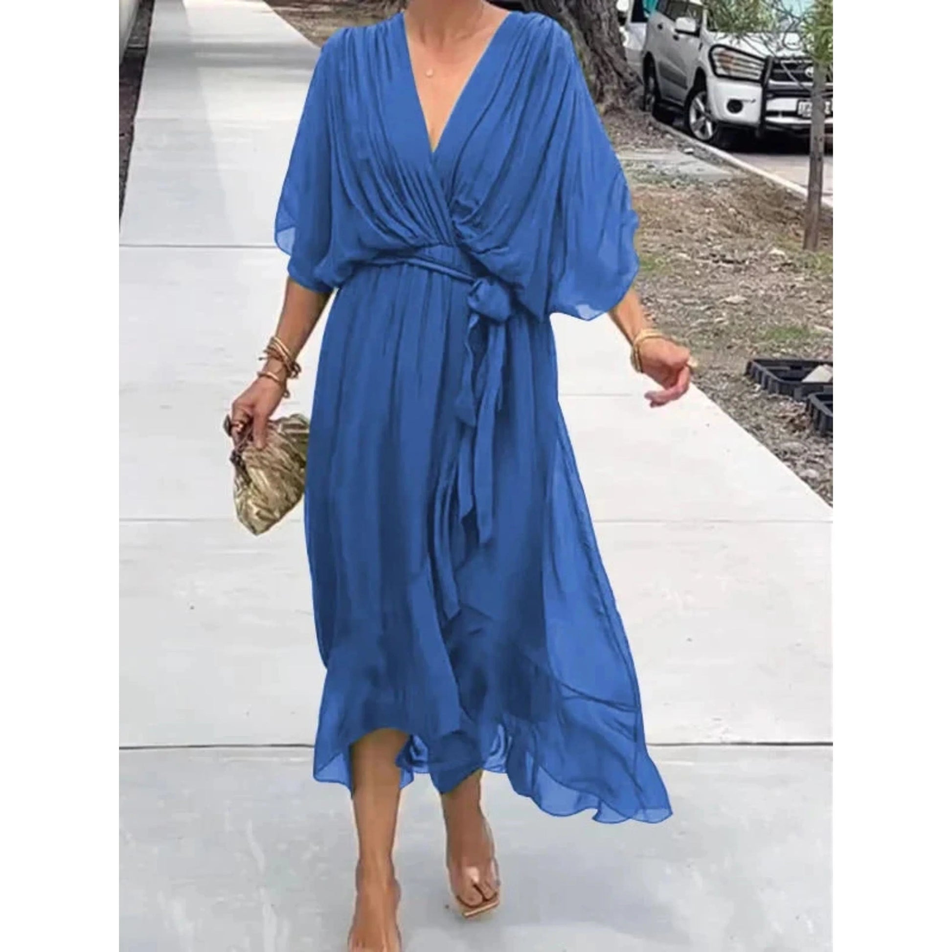 Women's Wrap Midi Dress with V-Neck and Tie Belt - 7