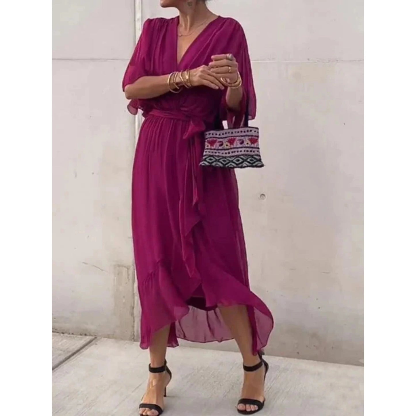 Femme Robe Midi Cache-Cœur avec Col en V et Ceinture à Nouer