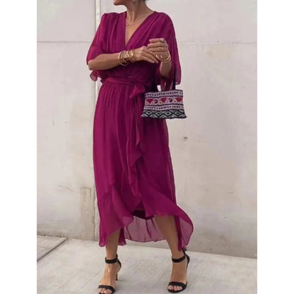 Women's Wrap Midi Dress with V-Neck and Tie Belt - 8