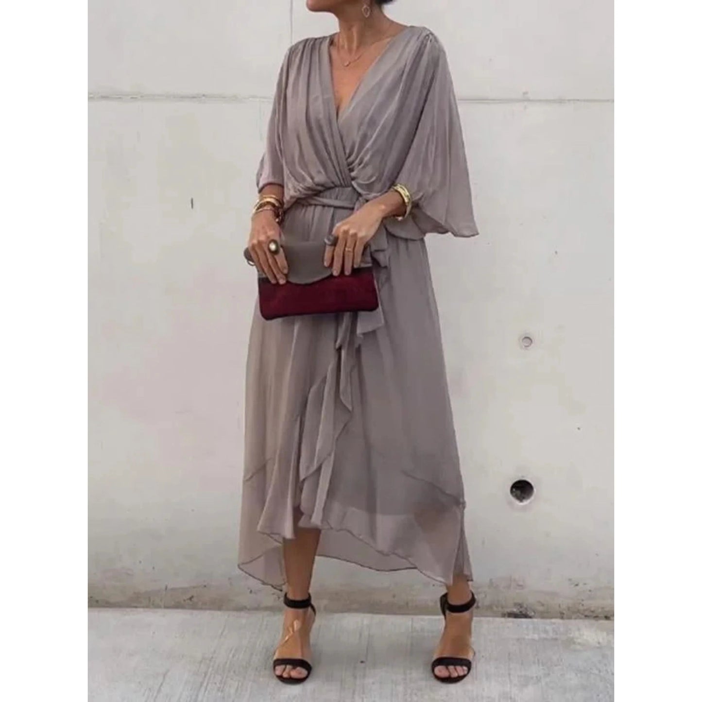 Femme Robe Midi Cache-Cœur avec Col en V et Ceinture à Nouer