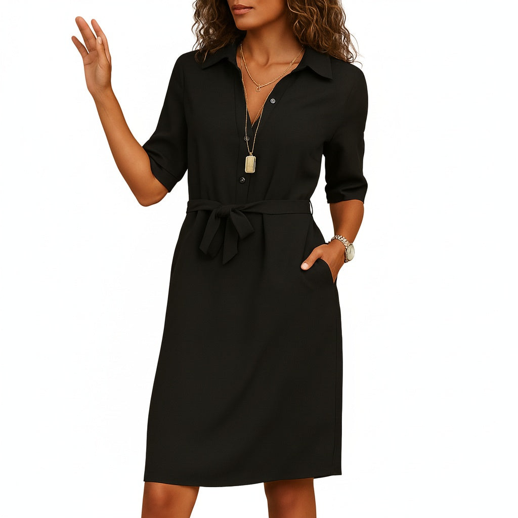 Femme Robe Midi Chemise à Manches Trois-quarts avec Ceinture et Poches