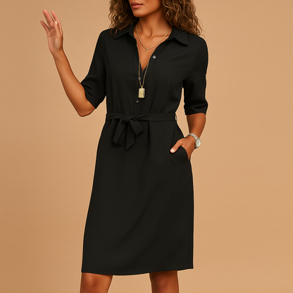Femme Robe Midi Chemise à Manches Trois-quarts avec Ceinture et Poches