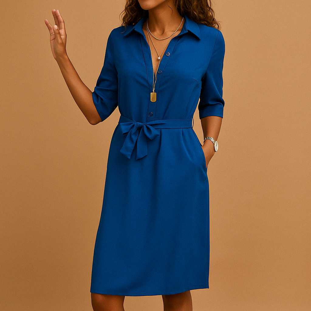 Femme Robe Midi Chemise à Manches Trois-quarts avec Ceinture et Poches