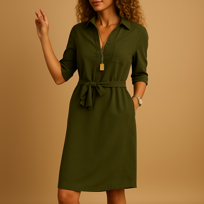 Femme Robe Midi Chemise à Manches Trois-quarts avec Ceinture et Poches