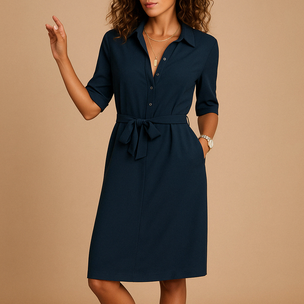 Femme Robe Midi Chemise à Manches Trois-quarts avec Ceinture et Poches