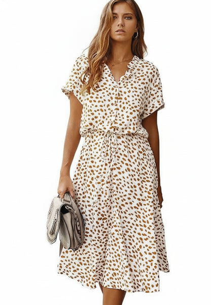 Femme Robe Midi Courte Manche à Imprimé Tacheté avec Ceinture à Nouer et Col V