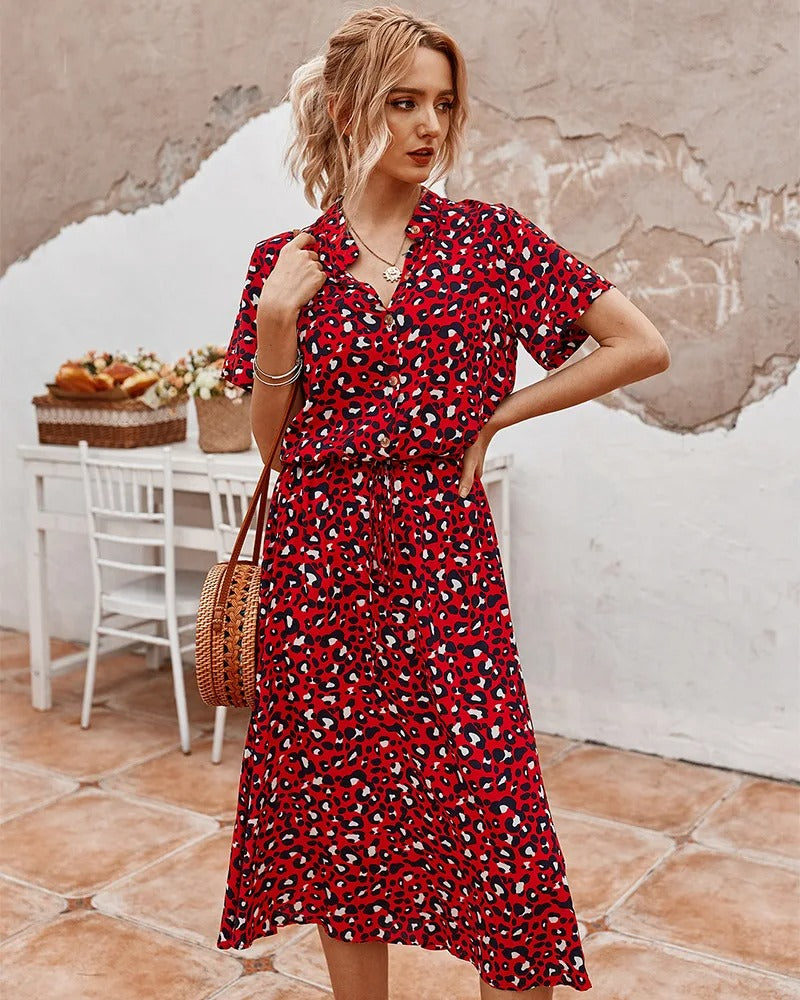 Femme Robe Midi Courte Manche à Imprimé Tacheté avec Ceinture à Nouer et Col V