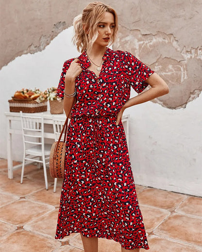Femme Robe Midi Courte Manche à Imprimé Tacheté avec Ceinture à Nouer et Col V