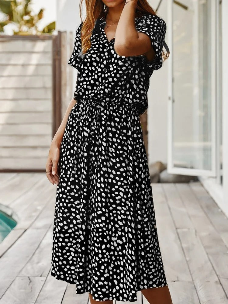 Femme Robe Midi Courte Manche à Imprimé Tacheté avec Ceinture à Nouer et Col V
