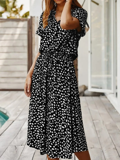 Femme Robe Midi Courte Manche à Imprimé Tacheté avec Ceinture à Nouer et Col V