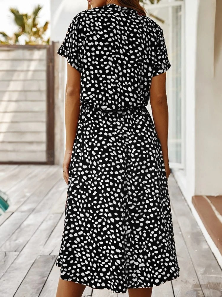 Femme Robe Midi Courte Manche à Imprimé Tacheté avec Ceinture à Nouer et Col V